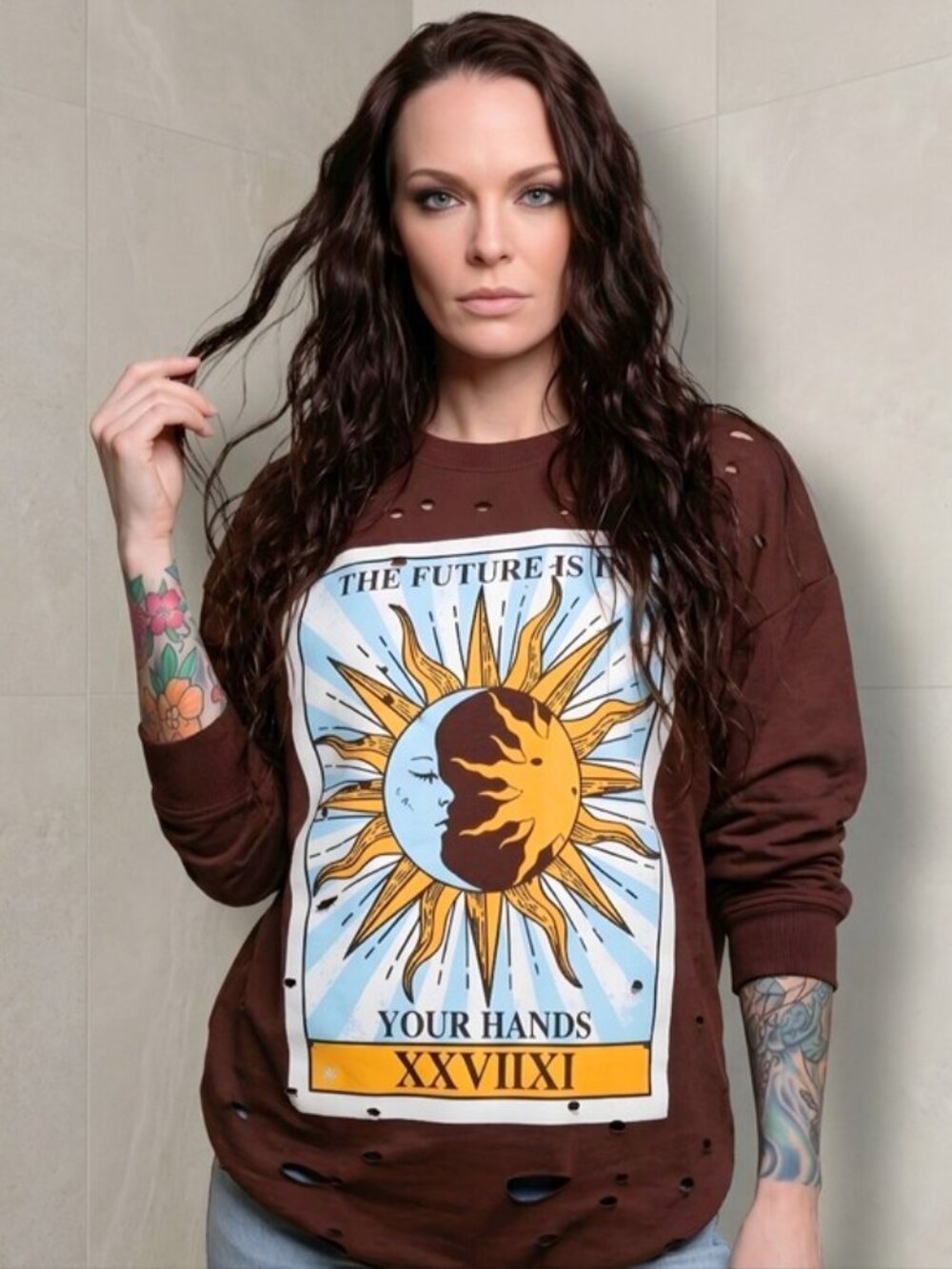 Fashion Nova Future In Your Hands Tarot Distressed Tunic Sweatshirt Top Sz 2X